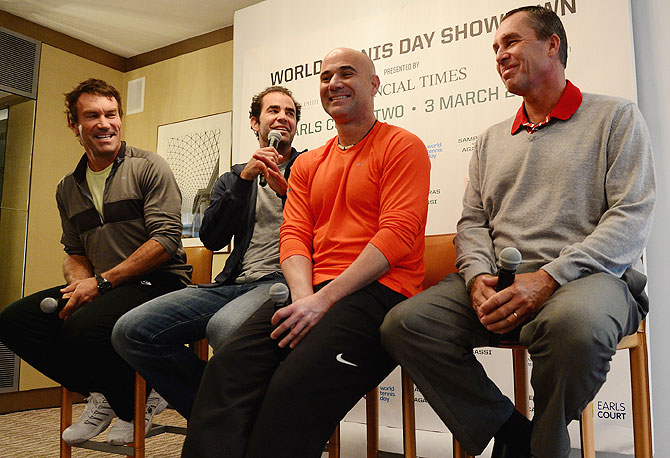 Former tennis players Pat Cash, Pete Sampras, Andre Agassi and Ivan Lendal speak to the media during a World Tennis Day London Showdown press conference at the Athenaeum Hotel at Piccadilly in London on Monday