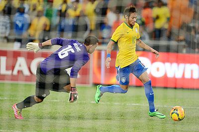 Brazil's Neymar attempts to score past South Africa's Ronwen Williams during their international friendly at FNB Stadium in Johannesburg on Wednesday