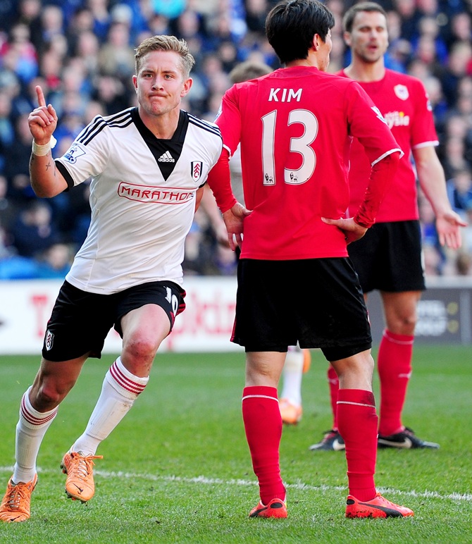 Lewis Holtby of Fulham celebrates after scoring the first Fulham goal.