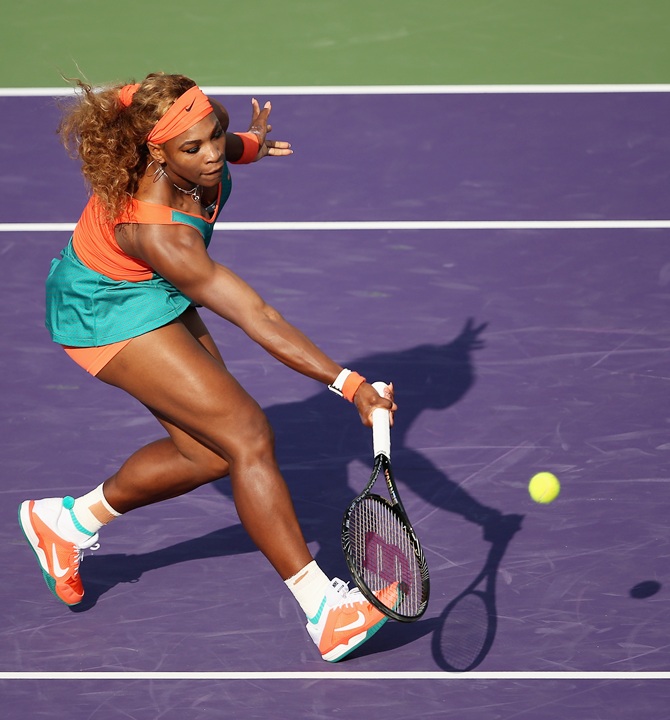 Serena Williams vollies against Yaroslava Shvedova