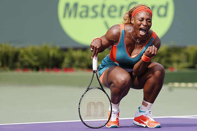 Serena Williams reacts during her match against Caroline Garcia on Saturday