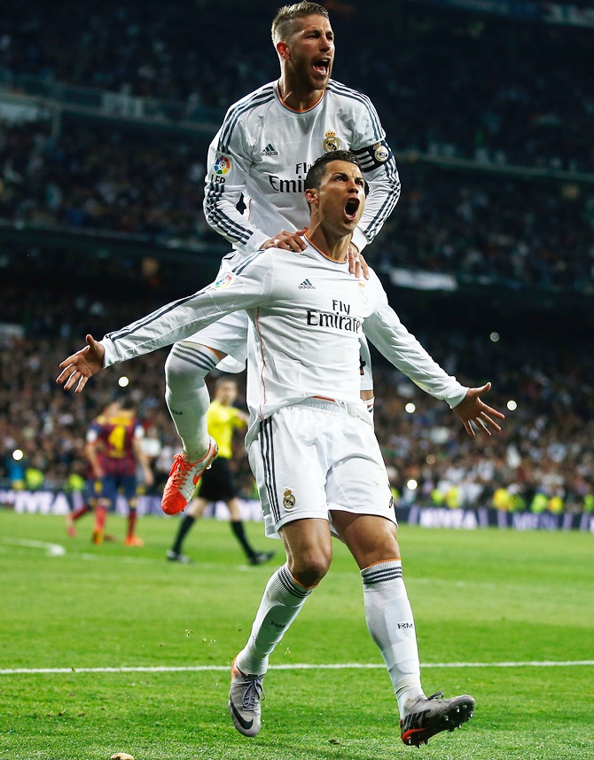 Cristiano Ronaldo of Real Madrid celebrates his team's goal with Sergio Ramos