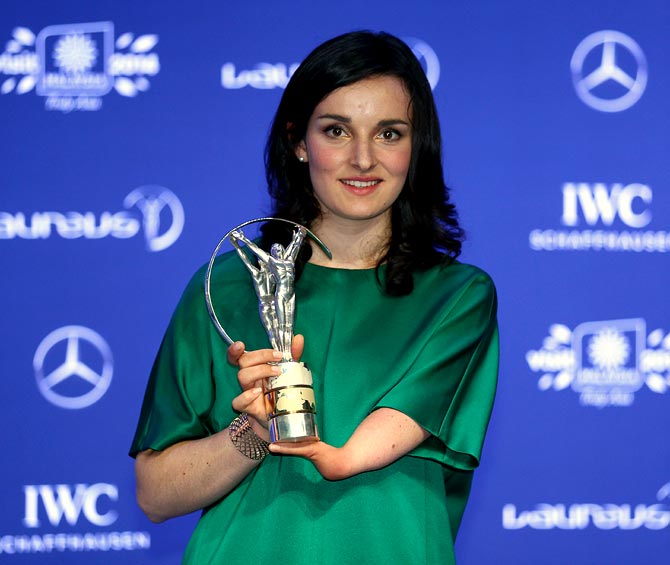 Skier Marie Bochet speaks on stage after winning the Laureus World Sportsperson of the Year with a Disability award