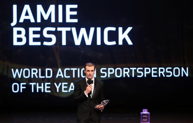 BMX cyclist Jamie Bestwick speaks on stage after winning the Laureus World Action Sportsperson of the Year award