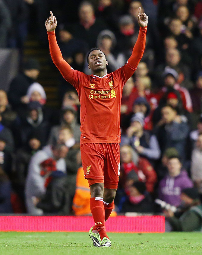 Daniel Sturridge of Liverpool celebrates scoring the second goal against Sunderland on Wednesday