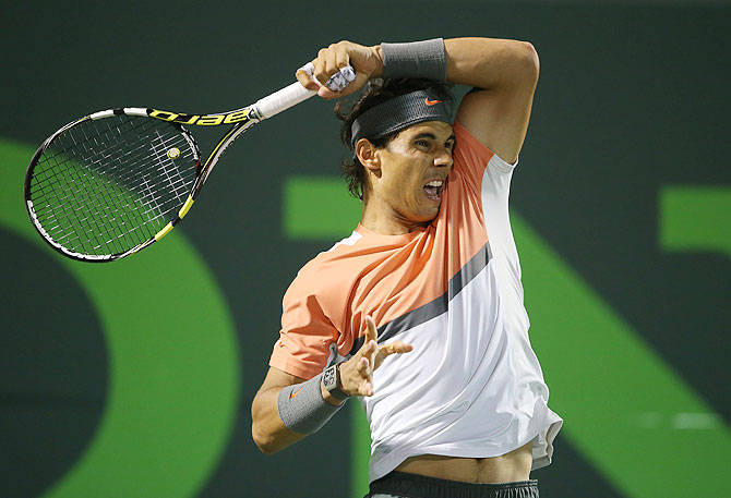 Rafael Nadal of Spain in action against Milos Raonic of Canada on Thursday