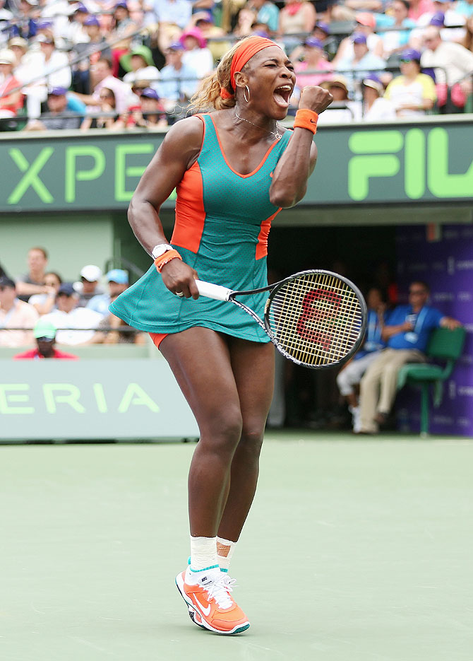 Serena Williams of the United States celebrates a point against Li Na of China on Saturday