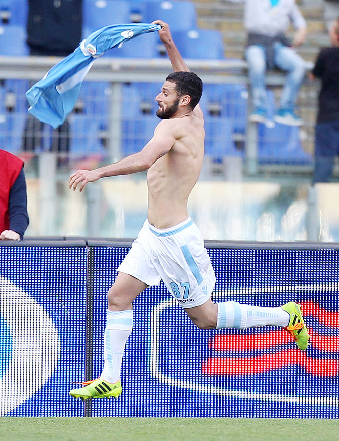 Antonio Candreva of SS Lazio celebrates after scoring the third goal against Parma FC  during their Serie A match at Stadio Olimpico in Rome on Sunday