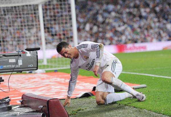 Real Madrid's Cristiano Ronaldo reacts after scoring against Valencia