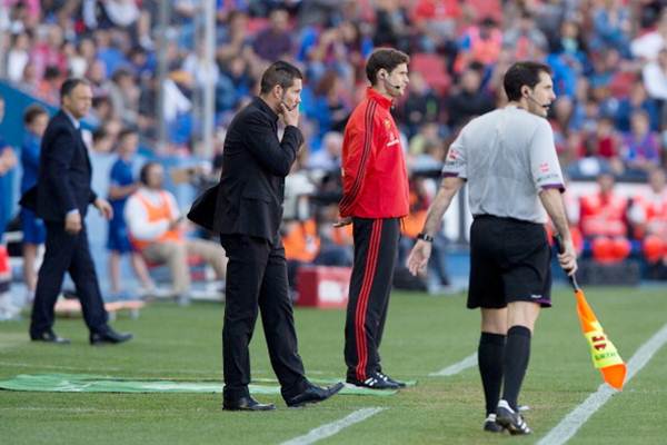 Head coach Diego Pablo Simeone of Atletico de Madrid looks uneasy during the La Liga match 