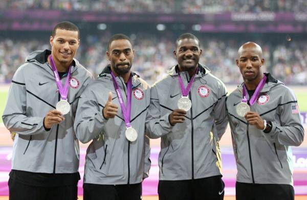 Silver medalists Trell Kimmons, Justin Gatlin, Tyson Gay and Ryan Bailey of United States pose on the podium during the medal ceremony for the men's 4 x 100m relay on Day 15 of the London 2012 Olympic Games