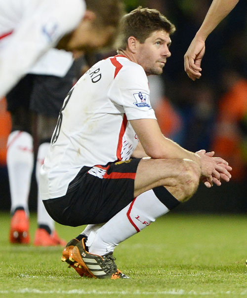 Liverpool's Steven Gerrard reacts following their English Premier League match against Crystal Palace at Selhurst Park