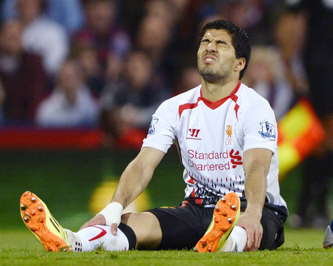 Liverpool's Luis Suarez reacts during their match against Crystal Palace