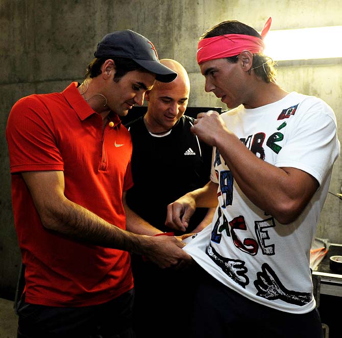 (Left to right): Roger Federer, Andre Agassi and Rafael Nadal.