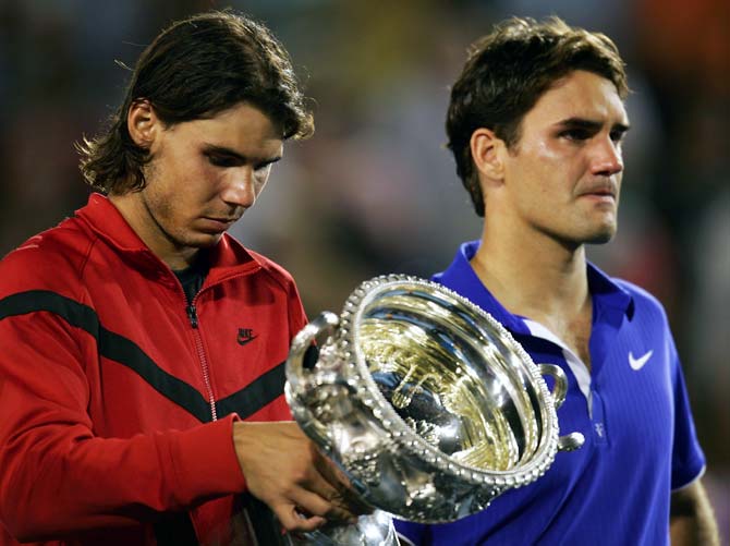 Rafael Nadal (left) checks out the 2009 Australian Open final after beating Roger Federer in the final.