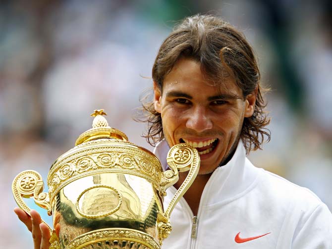 Rafael Nadal celebrates winning the Wimbledon title in 2010.