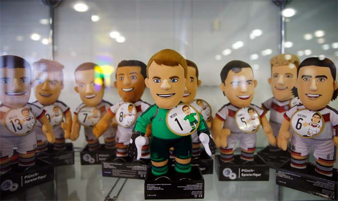 Puppets of Germany's national soccer team players on display at the headquarters of the German national soccer association in Frankfurt.