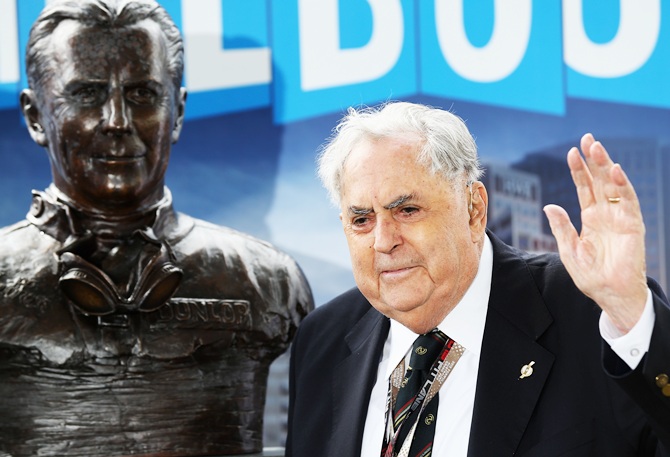 Former F1 World Champion Sir Jack Brabham attends the unveiling of a bust cast in his honour before the Australian Formula One Grand Prix