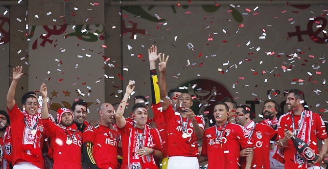 Benfica's players celebrate after winning their Portuguese Cup final match