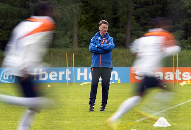 The Netherlands coach Louis van Gaal is seen during a practice session for the World Cup 2014