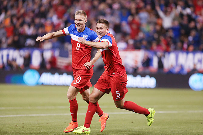 United States forward Aron Johannsson (9) celebrates with defender Matt Besler (5) after scoring a goal against Azerbaijan at Candlestick Park on Tuesday