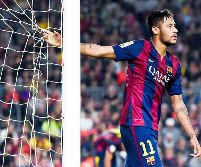 Neymar of FC Barcelona reacts after missing scoring opportunity 