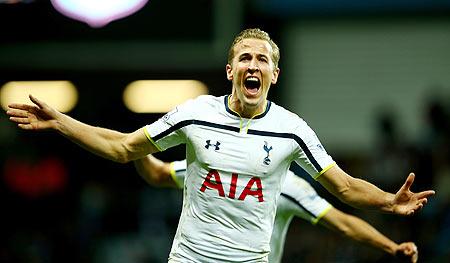 Harry Kane of Spurs celebrates scoring their second goal during the Barclays Premier League match against Aston Villa at Villa Park on Sunday