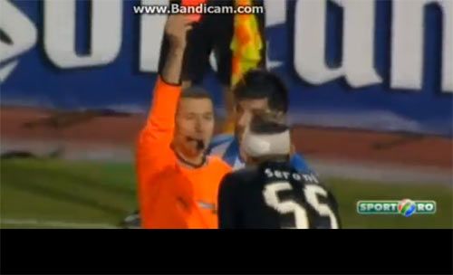 A video grab of FC Viitorul Constanta's Alin Seroni getting the card following the dangerous tackle