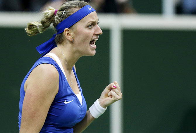 Czech Republic's Petra Kvitova reacts during their final match of the Fed Cup tennis tournament against Germany's Andrea Petkovic in Prague