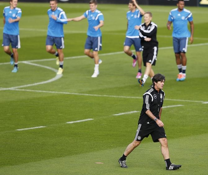 German national soccer coach Joachim Loew conducts a team training session