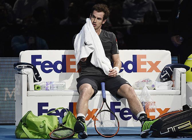 Andy Murray of Britain reacts during his tennis match against Roger Federer 