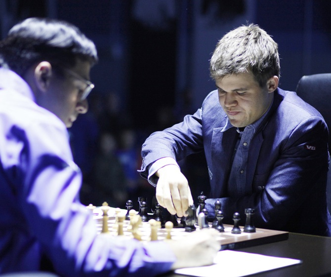 Magnus Carlsen, right, and Viswanathan Anand