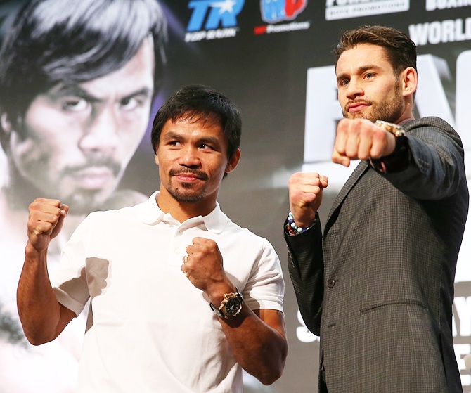Manny Pacquiao and Chris Algieri pose during a press conference