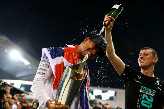 Lewis Hamilton of Great Britain and Mercedes GP celebrates