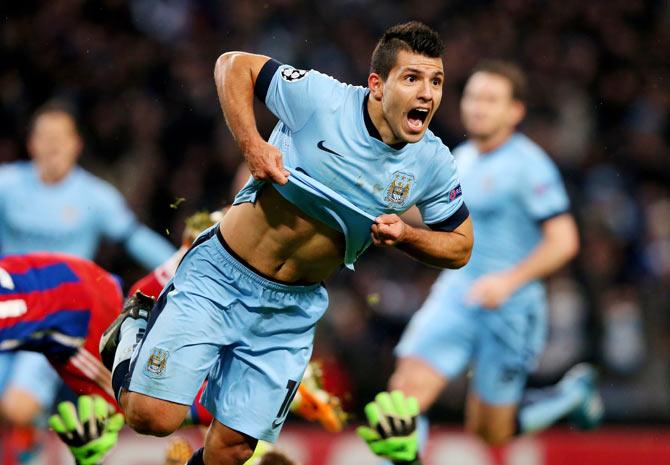 Sergio Aguero of Manchester City celebrates after scoring his team's third and matchwinning goal against FC Bayern Munich during theIR UEFA Champions League Group E match at the Etihad Stadium in Manchester on Tuesday