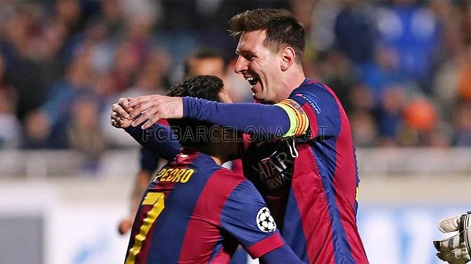 Barcelona's Lionel Messi celebrates on scoring enroute to breaking the Champions Leaague record for most goals on Tuesday