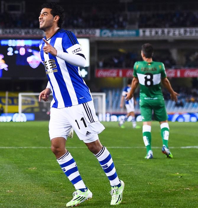 Carlos Vela Garrido of Real Sociedad celebrates 