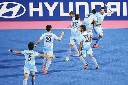India players celebrate after the scoring the winning goal to win the hockey gold medal on Thursday