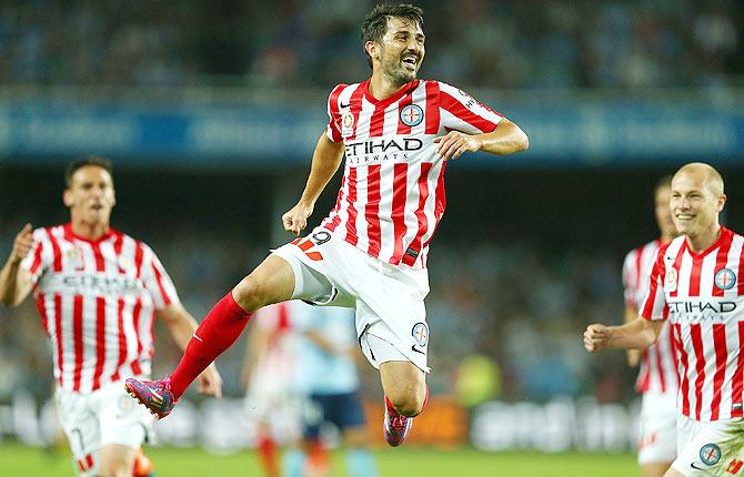 David Villa of Melbourne City celebrates a goal during the round one A-League match against Sydney FC at Allianz Stadium on Saturday