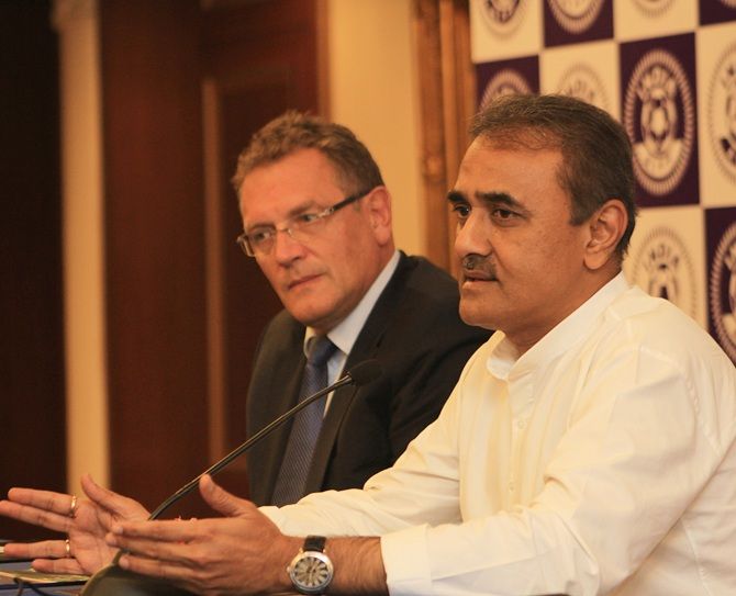 Jerome Valcke, secretary general of FIFA with AIFF president Praful Patel