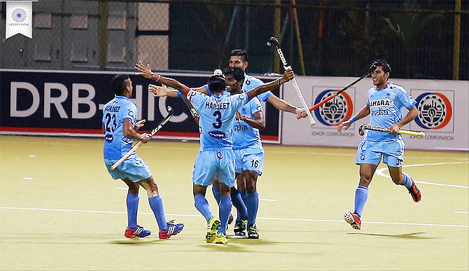 India players celebrate a goal