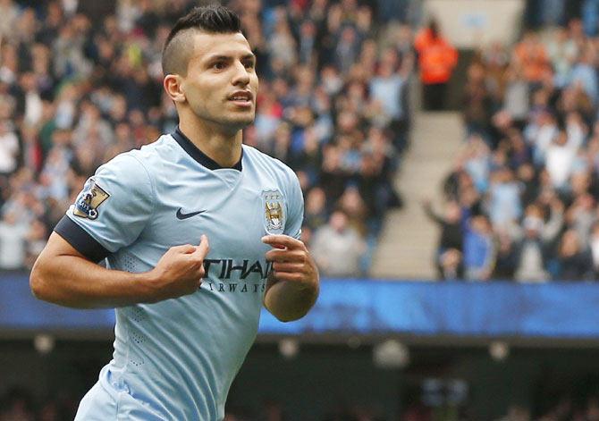 Manchester City's Sergio Aguero celebrates scoring a goal during their English Premier League match against Tottenham Hotspur at the Etihad Stadium on Saturday