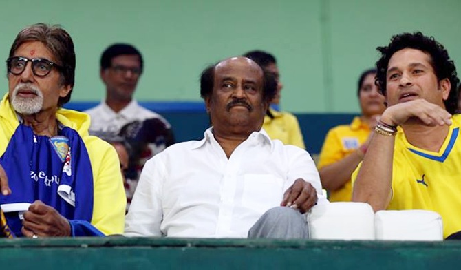 Amitabh Bachchan, Rajinikanth and Sachin Tendulkar during an ISL match in 2014. The Super League's original eight clubs were owned by Bollywood heavyweights like Ranbir Kapoor, cricket champions including Sachin Tendulkar and prominent businessmen, though several have since exited.