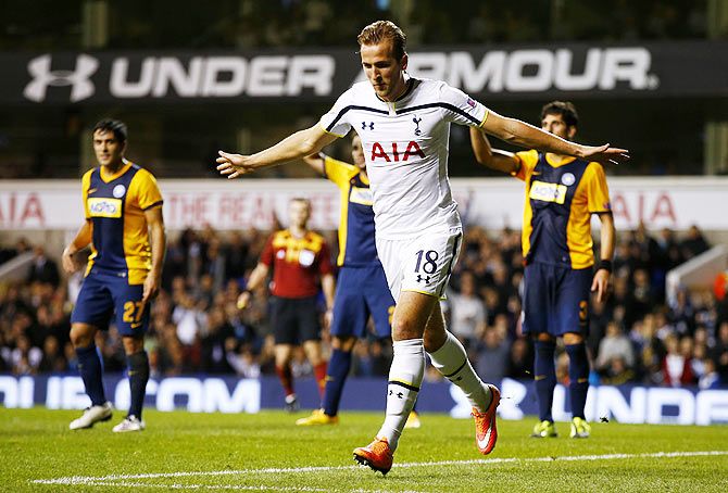 Harry Kane of Spurs celebrates scoring his team's fourth goal against Asteras Tripolis FC during their UEFA Europa League Group C match at White Hart Lane in London on Thursday