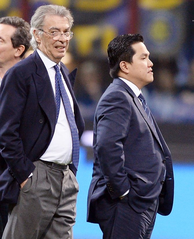 President of FC Internazionale Milano Erick Thohir, right, and Massimo Moratti after the Serie A match