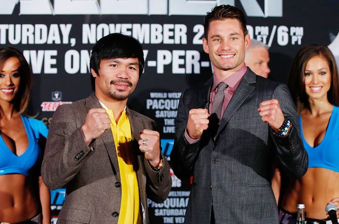 Manny Pacquiao and Chris Algieri attend the Manny Pacquiao v Chris Algieri Media Tour