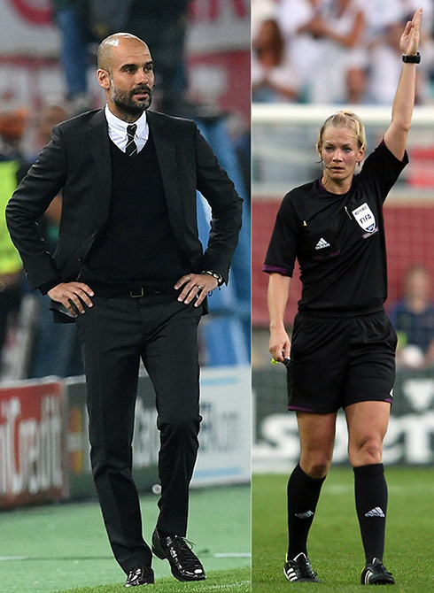 Pep Guardiola head coach of FC Bayern Muenchen and Referee Bibians Steinhaus of Germany
