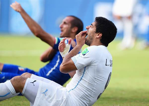 Luis Suarez reacts as Giorgio Chiellini indicates to the referee that he was bitten