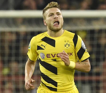 Borussia Dortmund's Ciro Immobile reacts after scoring against FC St. Pauli during their German cup (DFB Pokal) match in Hamburg on Tuesday