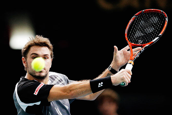 Stan Wawrinka of Switzerland in action against Kevin Anderson of South Africa during day 4 of the BNP Paribas Masters